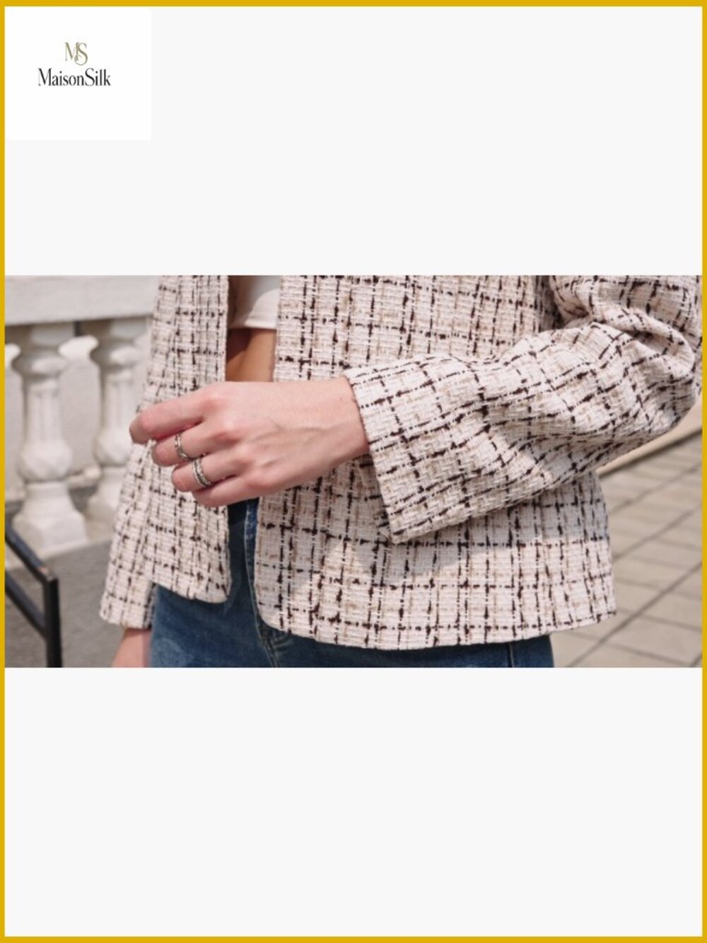 Lightweight Tweed Blazer Open Front Notch Collar Slim Fit Business Casual - Picture 7 of 7